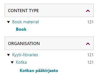 Kotka main library and books selected in the refinement menu